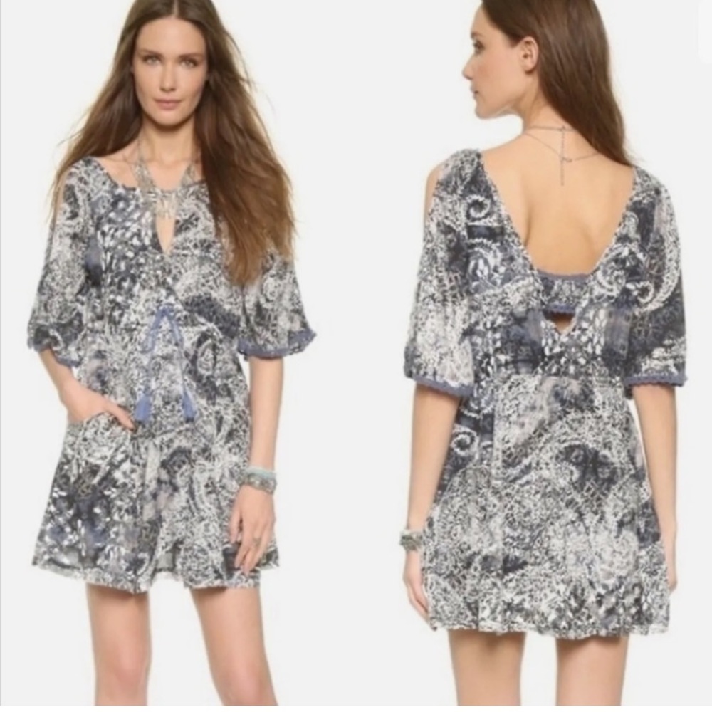Free People Love Birds Blue Cold Shoulder Mini Dress Women’s Size Small